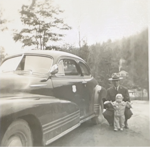 An outdoor excursion with Daddy for Bobby's first birthday, November 1948.