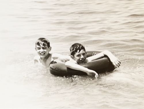 Robert and neighbor Fred Roush swim in the Pamlico Sound off the shore of Cape Hatteras National Seashore, NC, 1955.