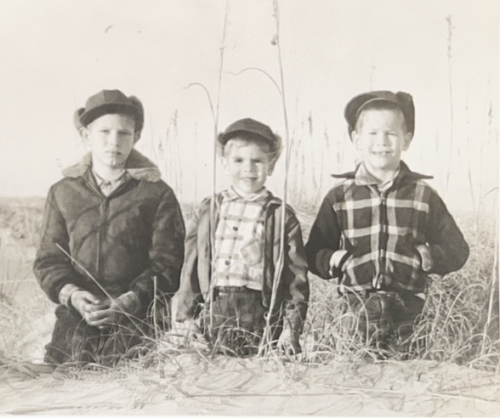 Robert, Randy, and Richard pause for a photo on a sand dune, Coquina Beach, North Carolina, 1956.