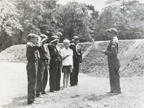 Robert leads his Cub Scout den in the pledge to the US flag at Fort Raleigh, NC (circa 1957/58).