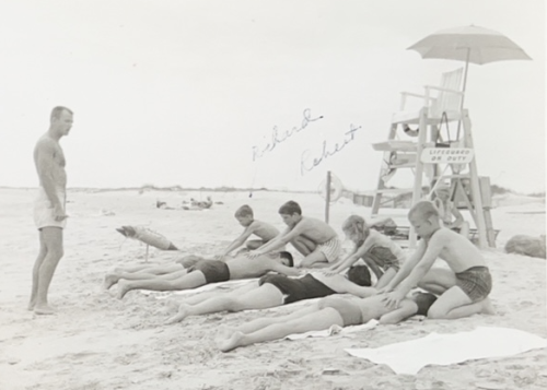 Richard and Robert participate in a life saving demonstration on Coquina Beach, Cape Hatteras National Seashore, North Carolina (July 1958).