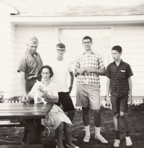 Gus, Thelma and Sea Oats, Richard, Robert, and Randy, visiting friends in Flint, Michigan, August 1965.