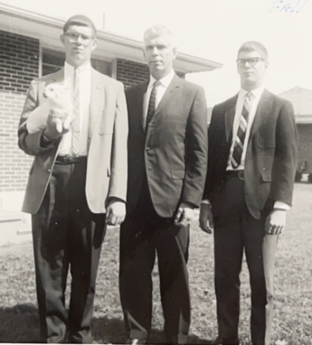 Johnstown High School Hultman brothers, Robert and Richard, with Sea Oats and their dad, Gus, Johnstown, Pennsylvania, autumn 1965.