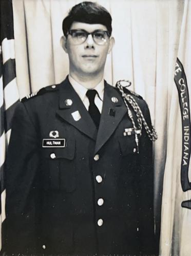 Robert in his ROTC uniform at IUP with a Pershing rifle cord on left shoulder, junior or senior year, 1968 or '69. 