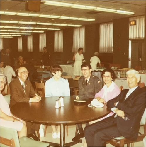 Bob dines with Grandmother Funk, Grandfather Funk, Jo Ann Fafinski, Thelma and Gus Hultman in Foster Dining Hall at IUP for the Commissioning Ceremony. May 24, 1970.