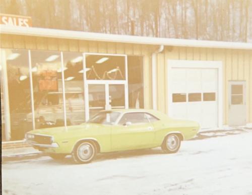 Bob's car, his beloved green Dodge Challenger, Christmas 1970. 