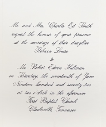 Bob and Beckie's wedding invitation, 1972.