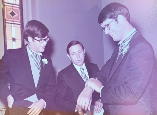 Richard and officiant John Laida help Bob prepare for his wedding, June 17, 1972.