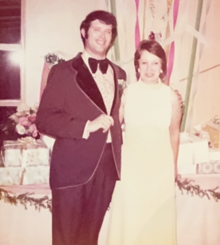 Bob and Beckie at Randy and Lynda (Ferguson) Hultman's wedding, August 16, 1974. 