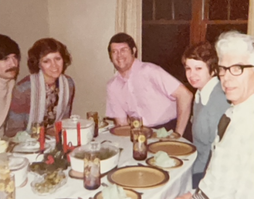 Bob and Beckie's first Christmas as parents, with Randy, Lynda, and Gus at Richard and Jane's home in McMurray, Pennsylvania, December 1975.