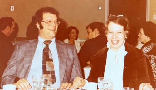 Bob and Beckie enjoy dinner, probably an FDA banquet, in the early 1980s.