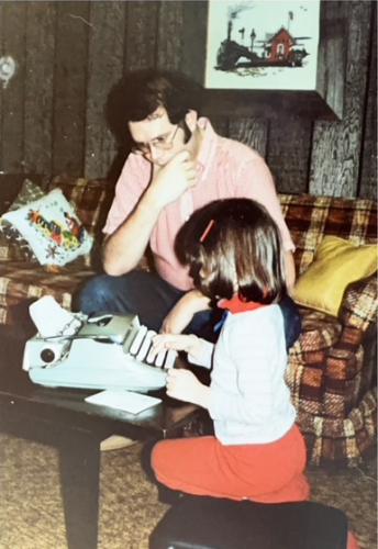 Andrea and Bob ring in the new year by practicing typing, Nashville, Tennessee, January 1981.
