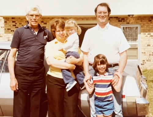 Saying goodbye for now to Grandma T. and Grandpa Gus after their visit to Nashville, Tennessee: Gus, Beckie, Ashley, Bob, and Andrea, April 1982.