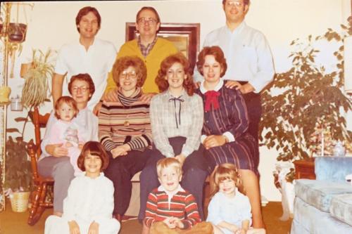 Christmas Eve 1982 with the Smith relatives: Britt Stephens, Larry Smith, Bob, Robbie Smith, Tricia (Yardley) Smith, Vivian (Smith) Stephens, Beckie (Smith) Hultman, Sarah Smith, Andrea, Matt Smith, and Ashley.