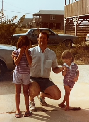 The sun is bright in Kill Devil Hills, NC, August 1983: Andrea, Bob, and Ashley.