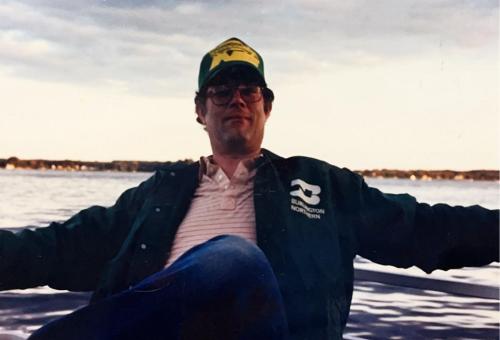 Bob in a favorite railroad jacket on Gus's pontoon on Lake Cadillac, Michigan in July, 1987.