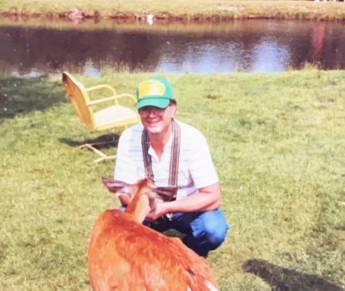 Bob knows how to lure the deer at Johnny's farm, July 1989. 
